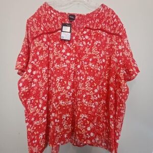 Ulla Popken Red/Wht Floral Tunic Top Womens US SZ 32/34 V-Neck‎ Short Sleeve NWT